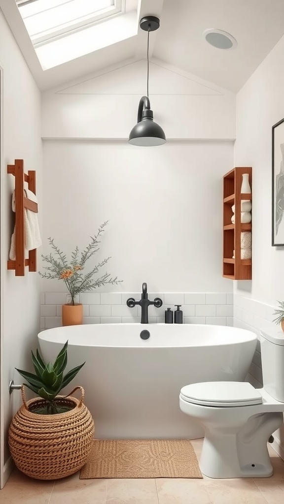 Modern rustic bathroom with soft neutral colors, featuring a freestanding bathtub, wooden shelves, and greenery.