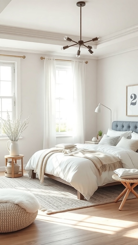 A serene monochrome bedroom featuring soft neutrals, a cozy bed, and natural light.