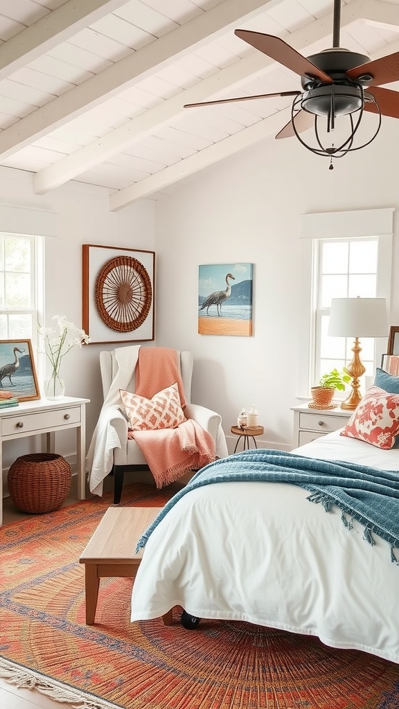 Cozy farmhouse bedroom with soft neutrals and colorful accents, featuring a white bedspread, a vibrant area rug, and decorative pillows.