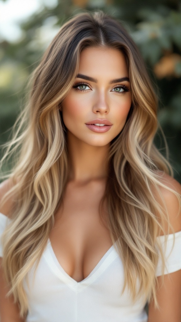 A woman with light brown hair featuring blonde highlights styled in waves, showcasing a soft ombre transition.