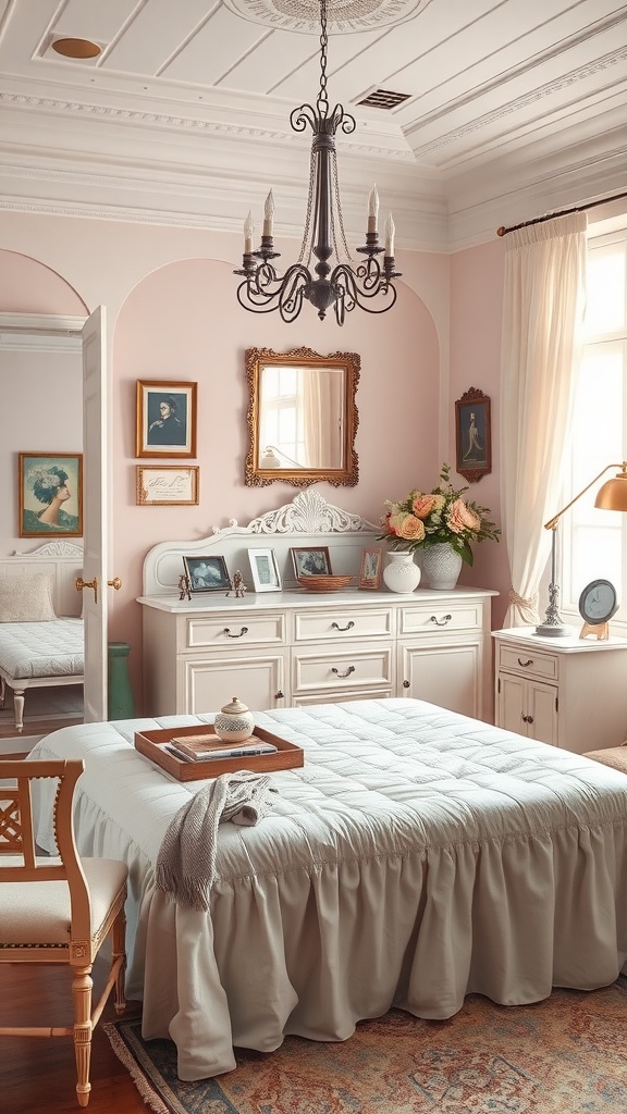 A vintage bedroom with soft pastel accents, featuring a pink wall, a ruffled bed cover, and elegant decor.