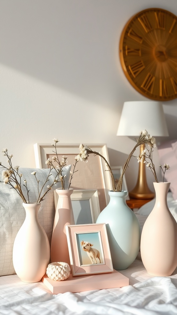 A cozy pastel-themed bedroom setup featuring vases, flowers, a picture frame, and a stylish clock.