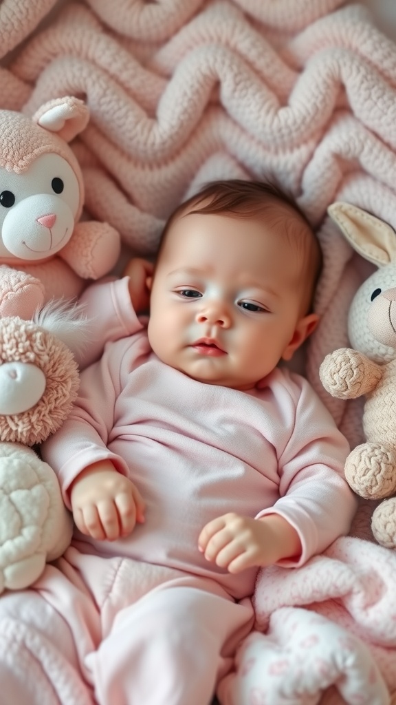 A 4-month-old baby lying on a soft pastel blanket surrounded by stuffed animals.