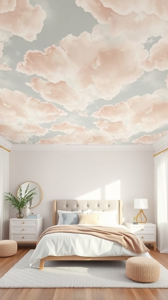 A bedroom with a painted ceiling featuring soft pastel clouds, light-colored walls, and cozy decor.