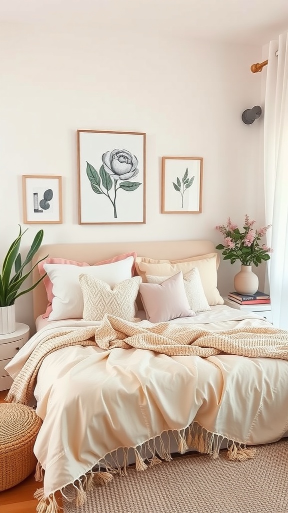 A cozy cottagecore bedroom with a soft pastel color palette featuring layered bedding, decorative pillows, and botanical wall art.