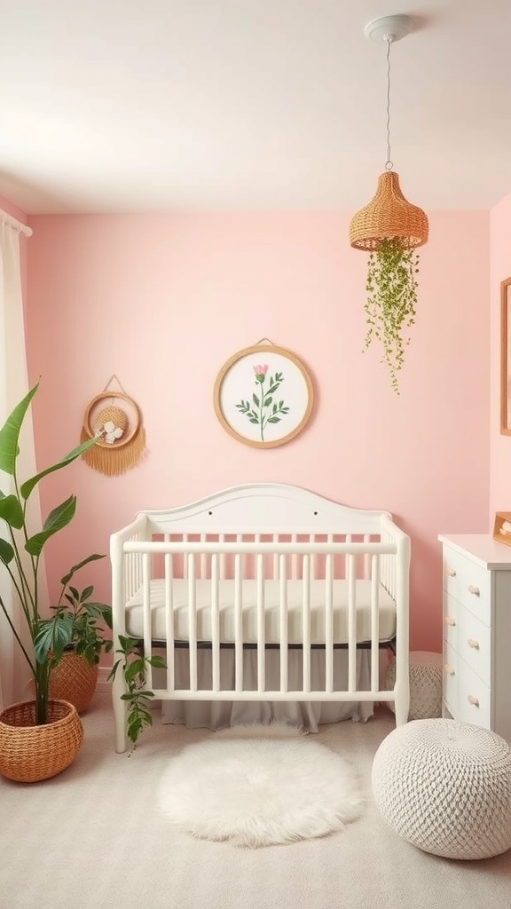 A cozy nursery with a pink wall, white crib, and plants in woven baskets.