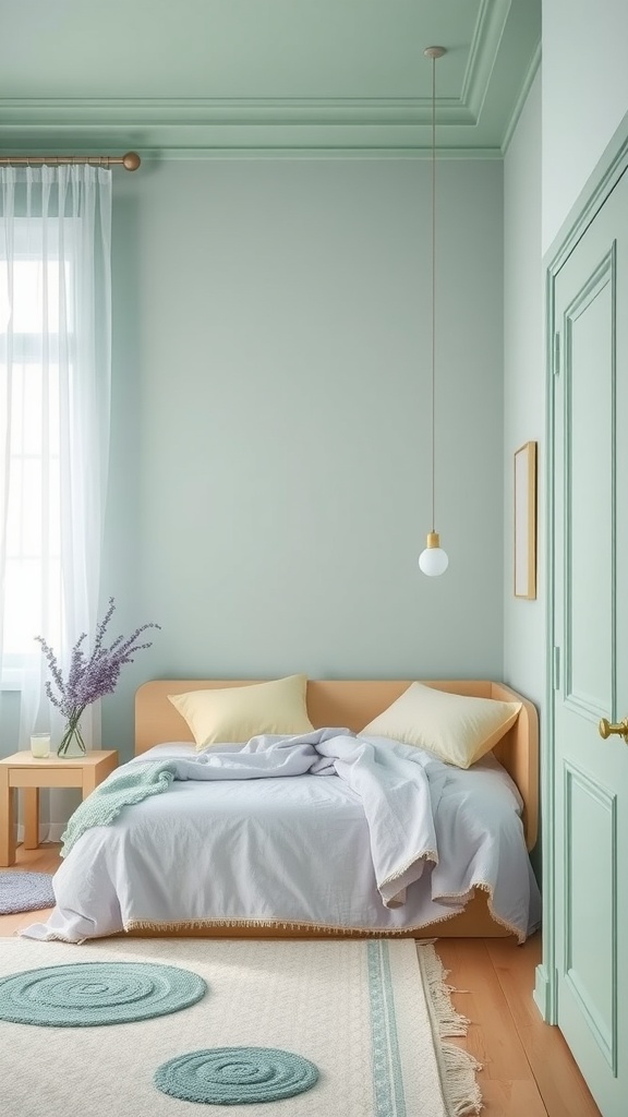 A bedroom with soft pastel colors, featuring mint green walls, lavender bedding, and warm wooden furniture.