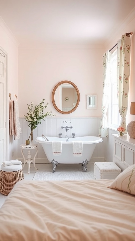 A cozy cottage bathroom featuring soft pastel colors, a freestanding bathtub, and floral curtains.
