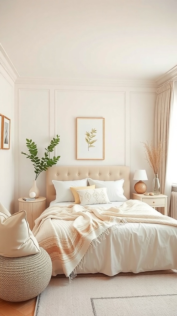 A serene bedroom with a soft pastel color scheme featuring a beige bed, decorative pillows, and natural elements.
