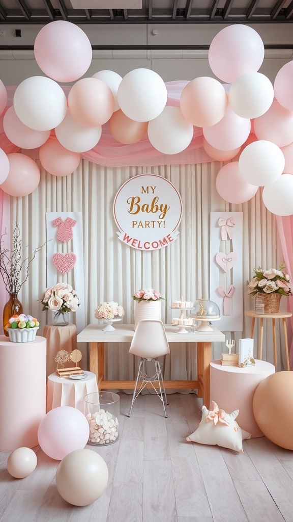 A beautifully decorated baby party space with pastel balloons, floral arrangements, and a cake, creating a warm and inviting atmosphere.