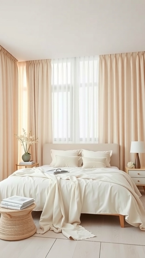 A bedroom with soft pastel curtains, neutral bedding, and light wood furniture.