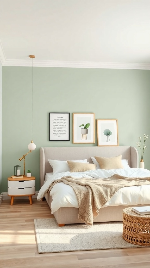 Cozy bedroom with soft pastel green accent wall, light furniture, and natural decor.