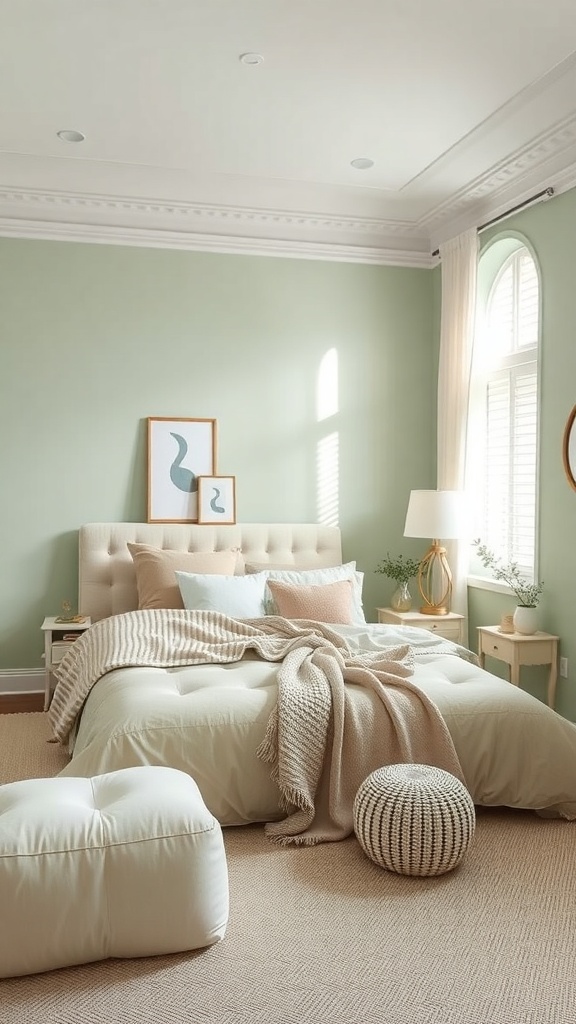 A cozy bedroom with soft pastel green walls, light bedding, and warm decor.