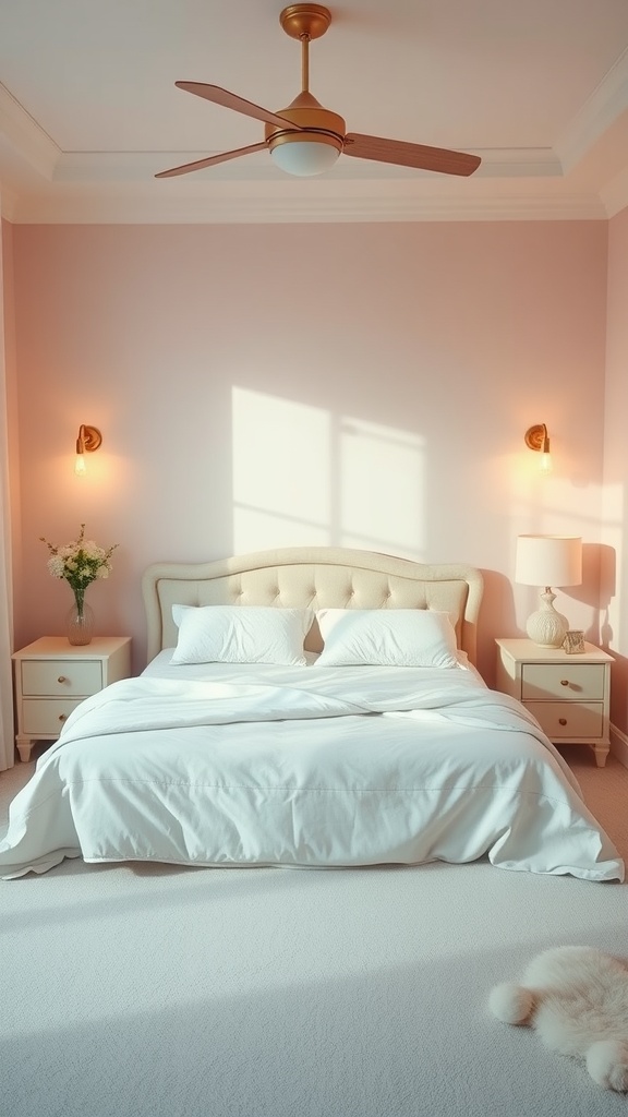 A softly lit pastel bedroom with a light pink wall, a cozy bed, and elegant lighting fixtures.