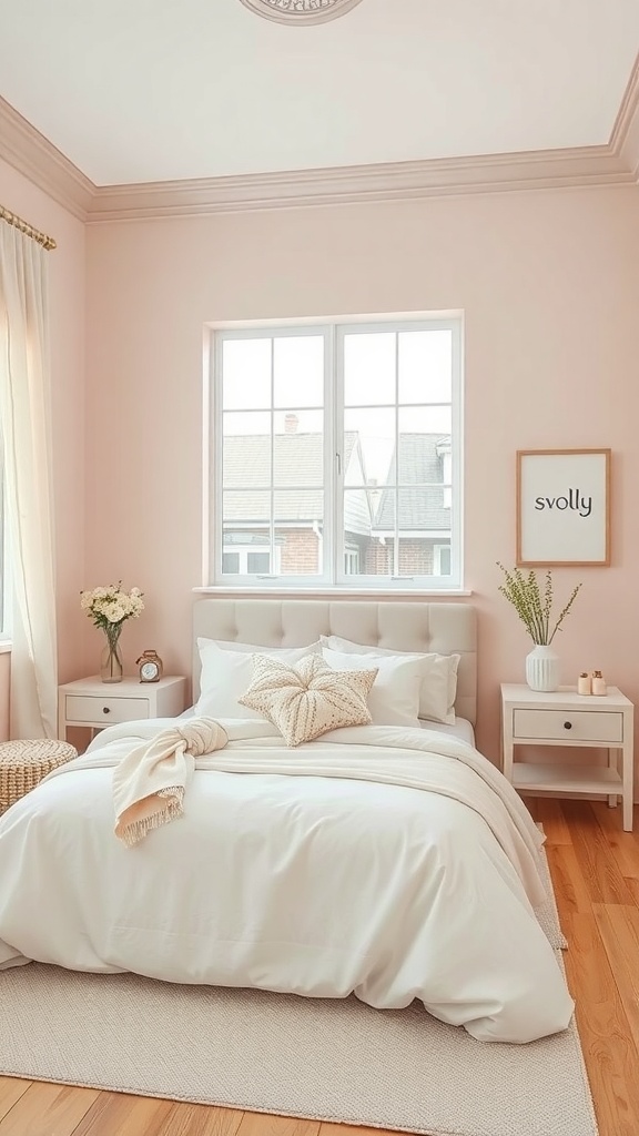 A cozy girl's bedroom with soft pink walls, white bedding, and natural light.