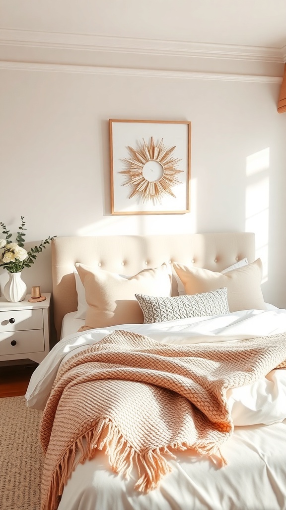 A cozy bedroom featuring soft pastel colors, a knitted throw blanket, and a floral arrangement.
