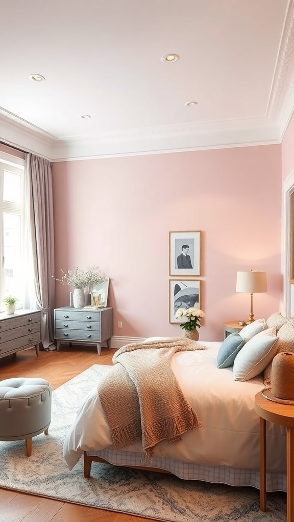 A cozy bedroom featuring soft pink accent walls, grey furniture, and stylish decor.