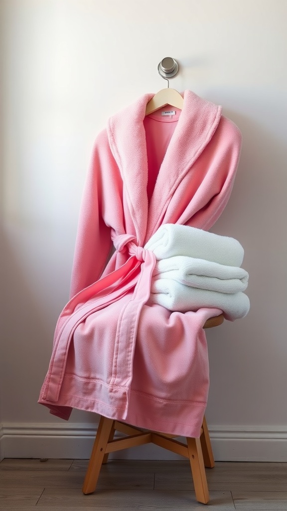 A soft pink robe hanging on a hook with white towels stacked beside it on a wooden stool.