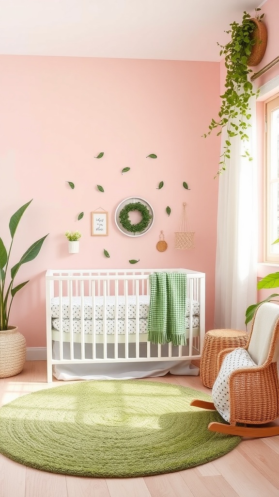 Nursery with soft pink walls, green accents, and cozy furnishings.