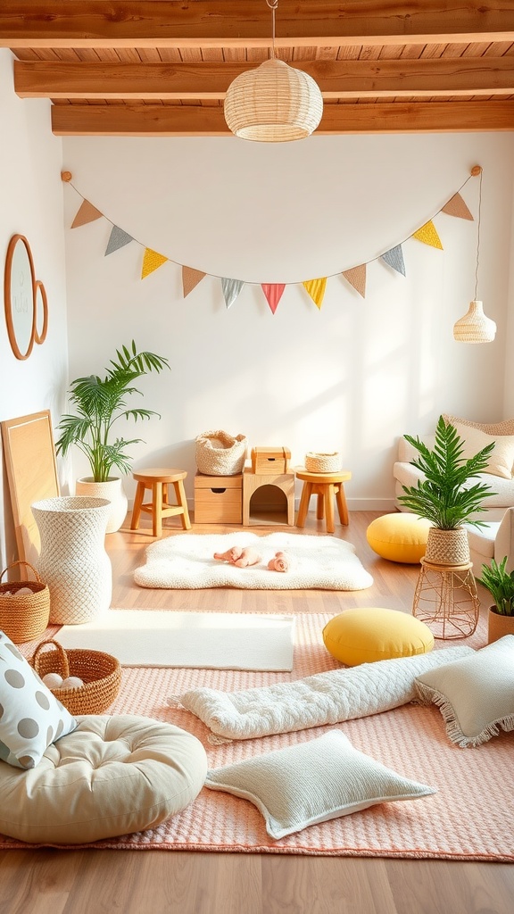 A bright toddler playroom with soft play mats and cushions, featuring a cozy atmosphere with plants and playful decor.