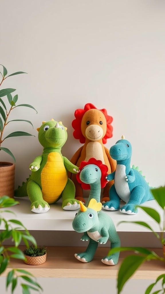 Colorful soft plush dinosaur toys displayed on a shelf with a plant.