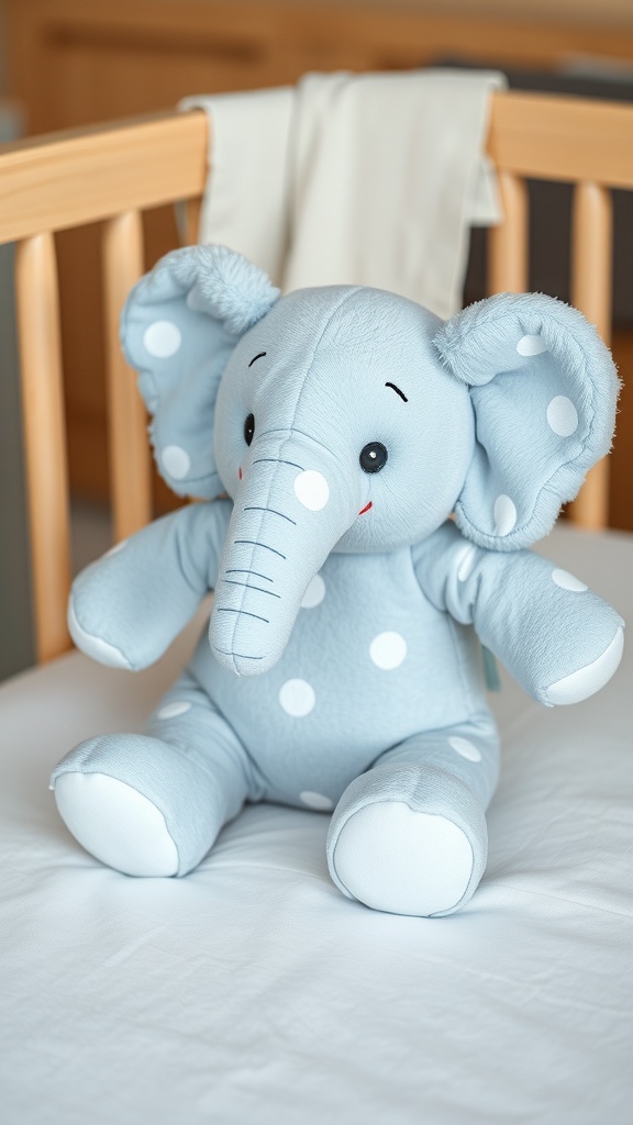 A cute blue plush elephant toy with polka dots sitting on a crib mattress.