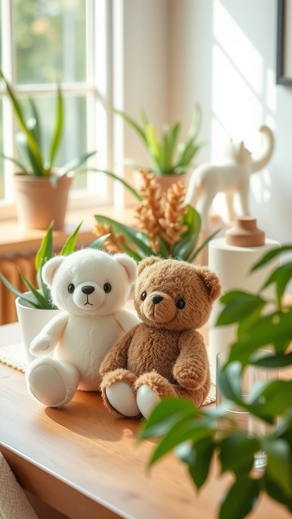 Two soft plush teddy bears, one white and one brown, sitting on a wooden table surrounded by green plants.