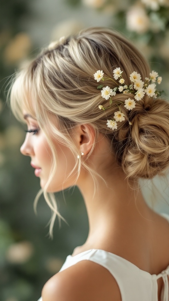 A side view of a woman with a soft ponytail adorned with small white flowers.