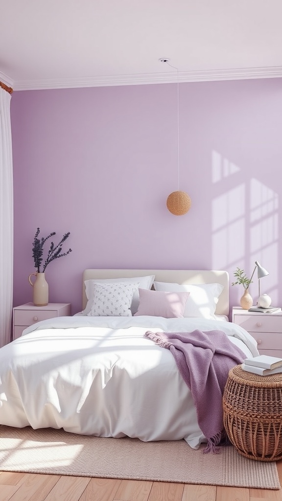 A serene bedroom with soft purple walls, white bedding, and cozy decor.