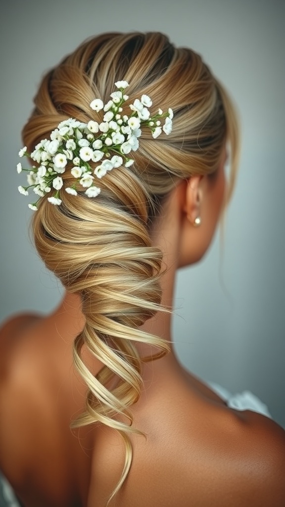 Soft romantic ponytail hairstyle adorned with baby's breath flowers.