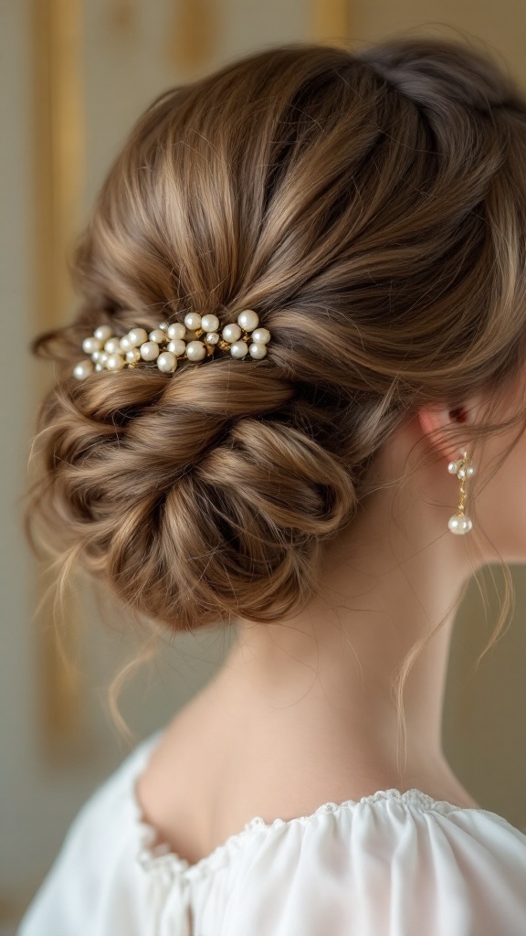 A soft, romantic updo hairstyle adorned with pearls