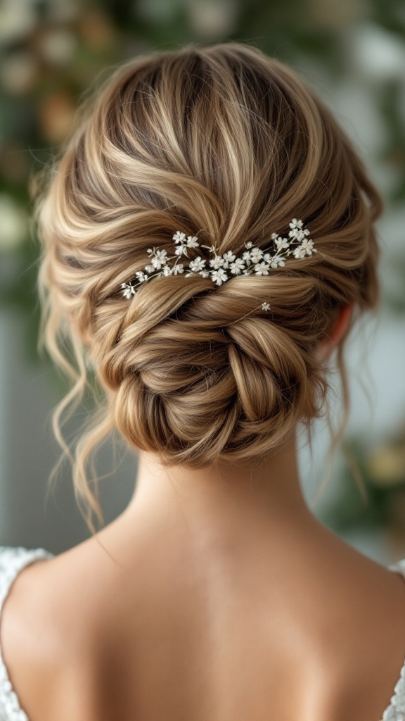A woman with a soft romantic updo featuring twists and small floral accents, perfect for summer.