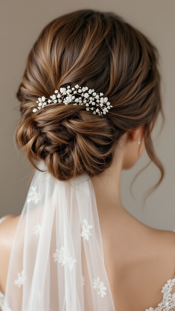 A close-up of a soft romantic updo with a veil, featuring twists and curls, adorned with floral hair accessories.