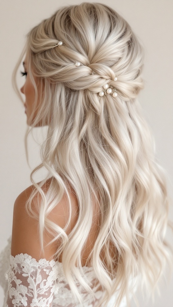 A beautiful hairstyle featuring soft romantic waves adorned with pearl clips, ideal for Indian weddings.