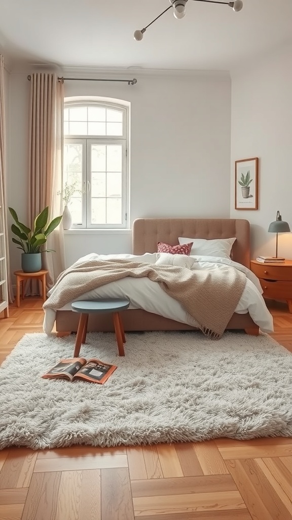 A cozy bedroom featuring a plush rug, a neatly made bed, and a small reading area.