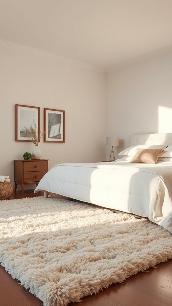 Cozy guest bedroom with a soft cream rug under a neatly made bed.