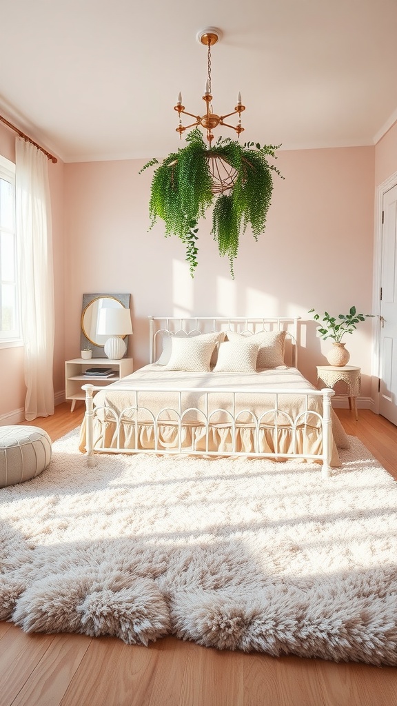 A cozy fairycore bedroom with a fluffy cream rug, a bed with soft pillows, and pastel-colored walls.