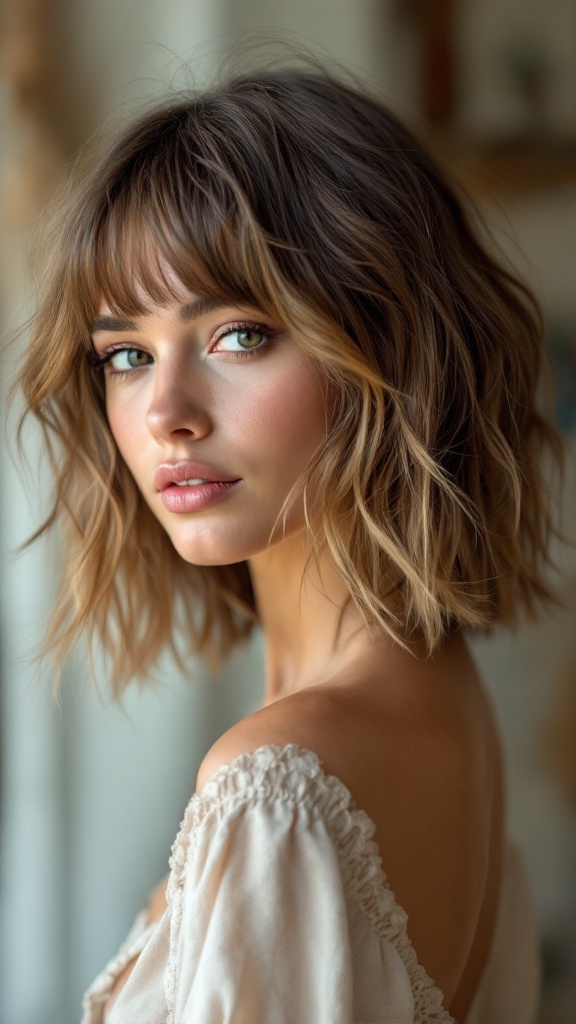 A woman with a soft shaggy haircut and fringe bangs, looking stylish and modern.