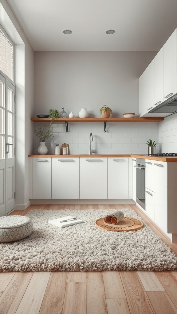 A modern kitchen with a soft shaggy rug on the wooden floor, featuring white cabinets and wooden shelves.