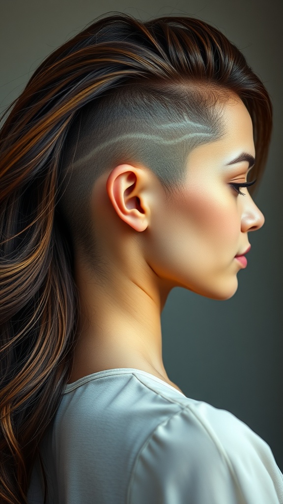 A woman with a soft shaved nape hairstyle, showing longer hair on top and intricate design on the shaved section.