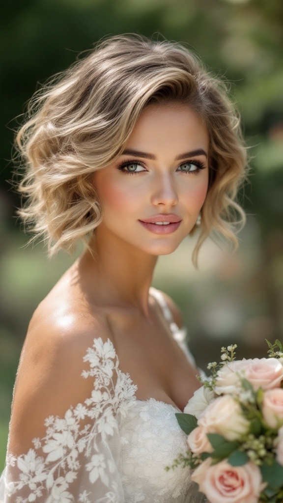 A bride with short, soft side-swept curls, holding a bouquet of roses.