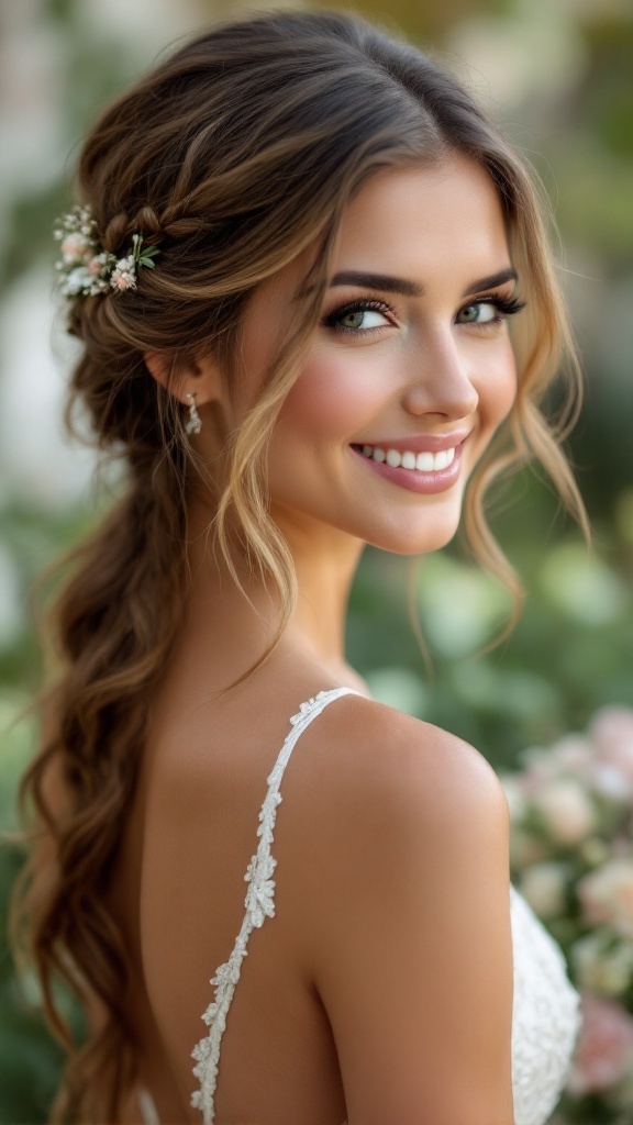 A bride's maid hairstyle featuring a soft side braid with floral accents.