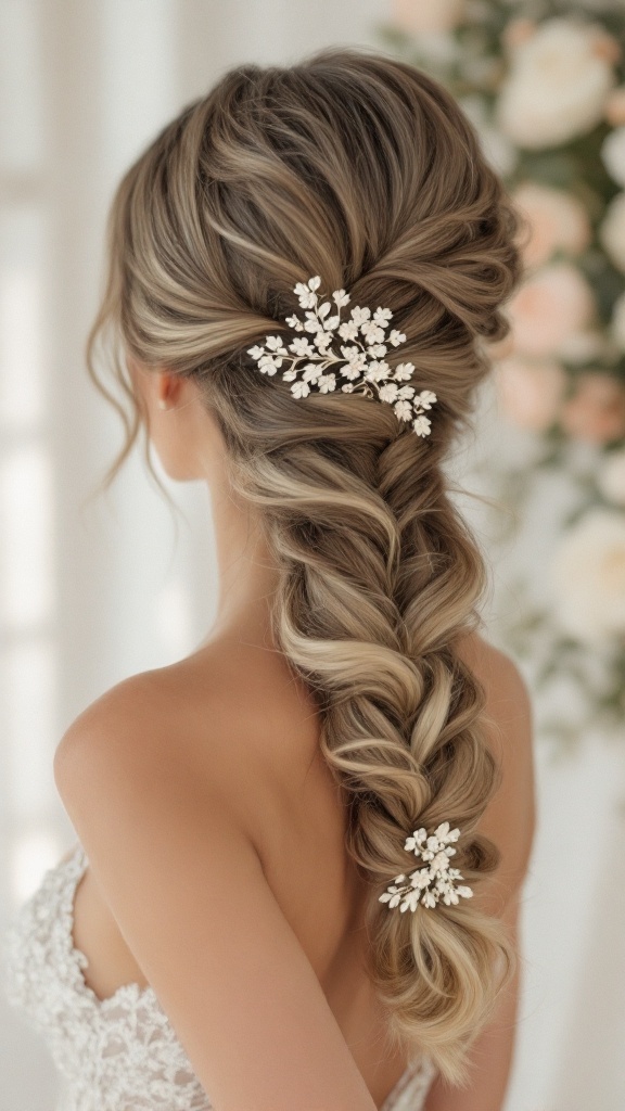 A soft side braid adorned with a delicate floral hairpiece, showcasing elegance and romance.