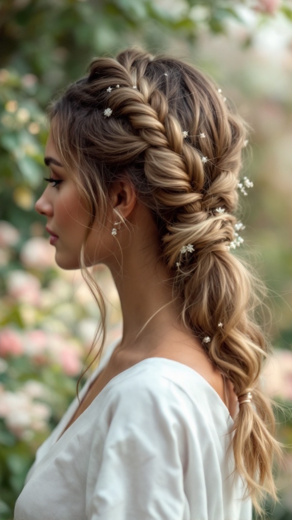 Soft side ponytail with twists adorned with delicate flowers.