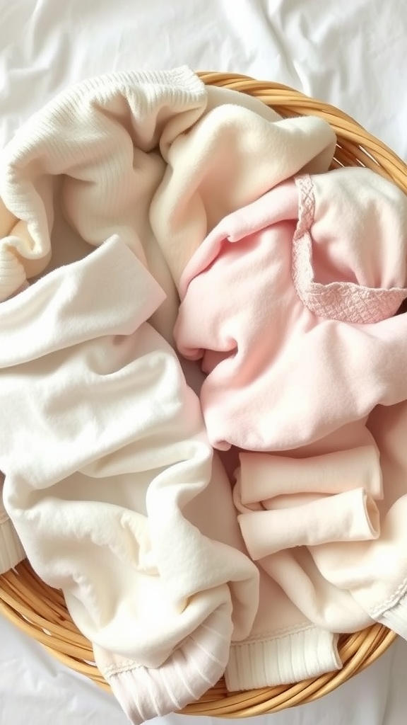 A basket filled with soft sleep sacks in light colors for baby comfort.