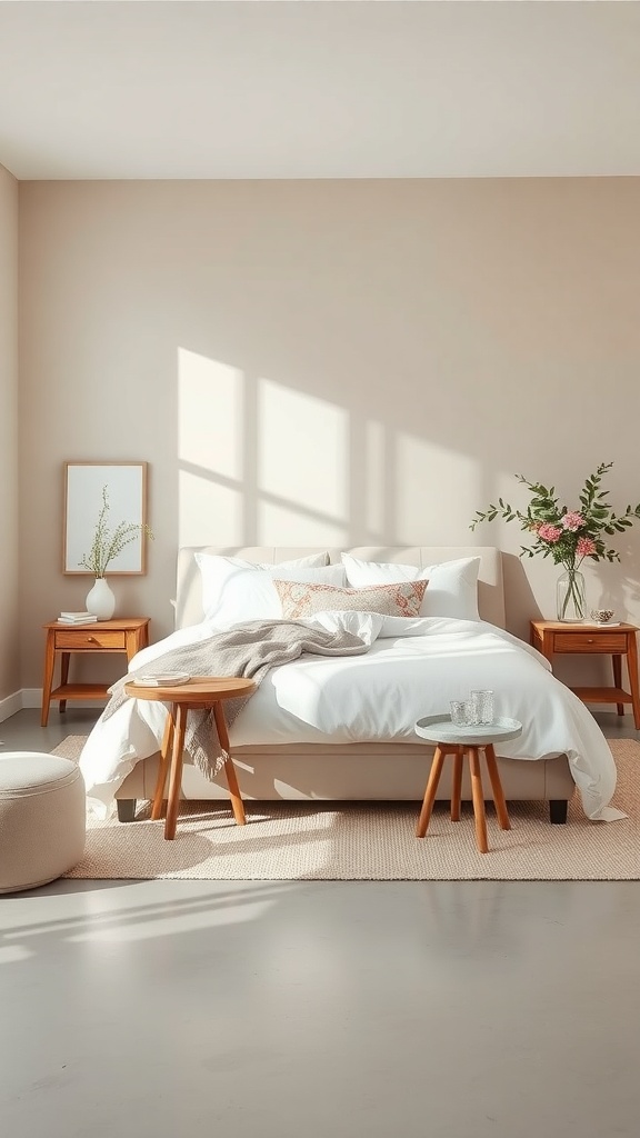 A serene bedroom featuring soft taupe walls, white bedding, and natural wood furniture.