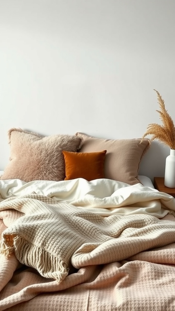 A cozy zen bedroom featuring soft textile layers with plush pillows and blankets in warm tones.