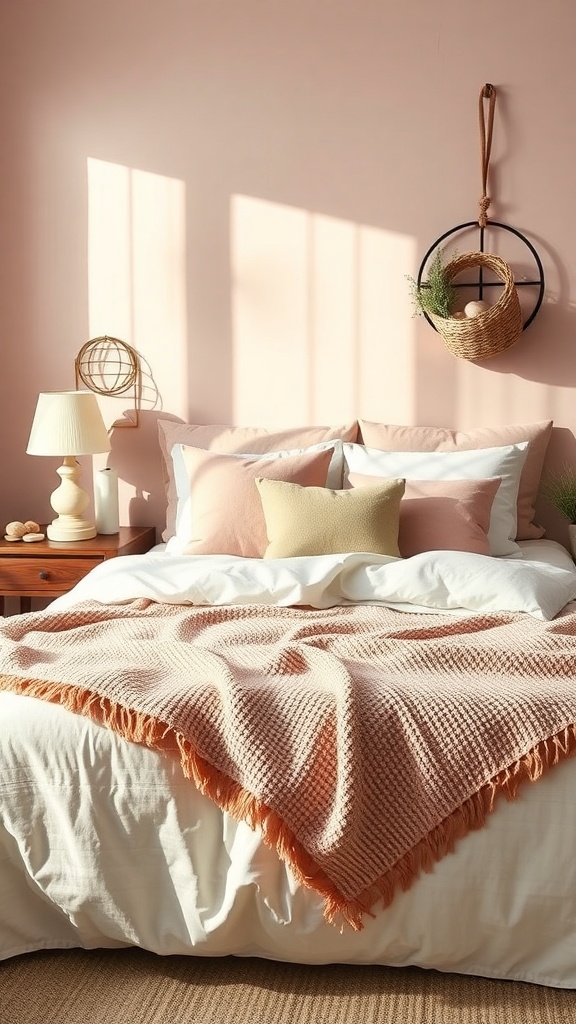 A cozy bedroom with dusty rose bedding and soft textiles.