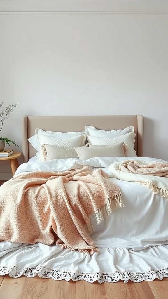 A cozy fairycore bedroom with soft textiles, featuring a layered bed with white sheets and peach throws.