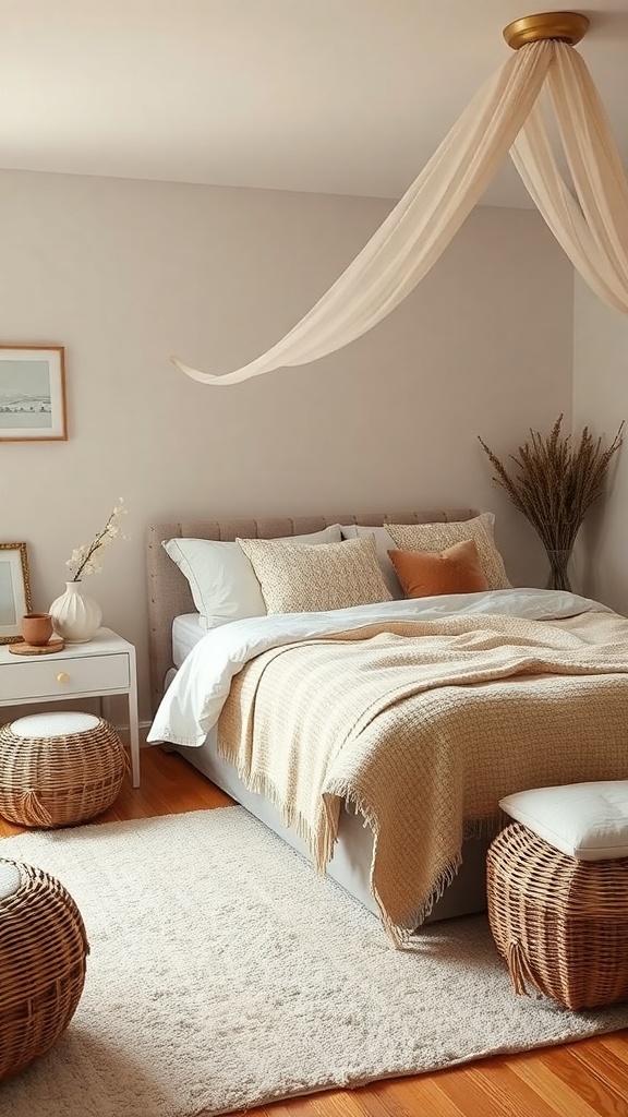 A cozy fairycore bedroom featuring soft textiles, layered bedding, and a whimsical ceiling drape.